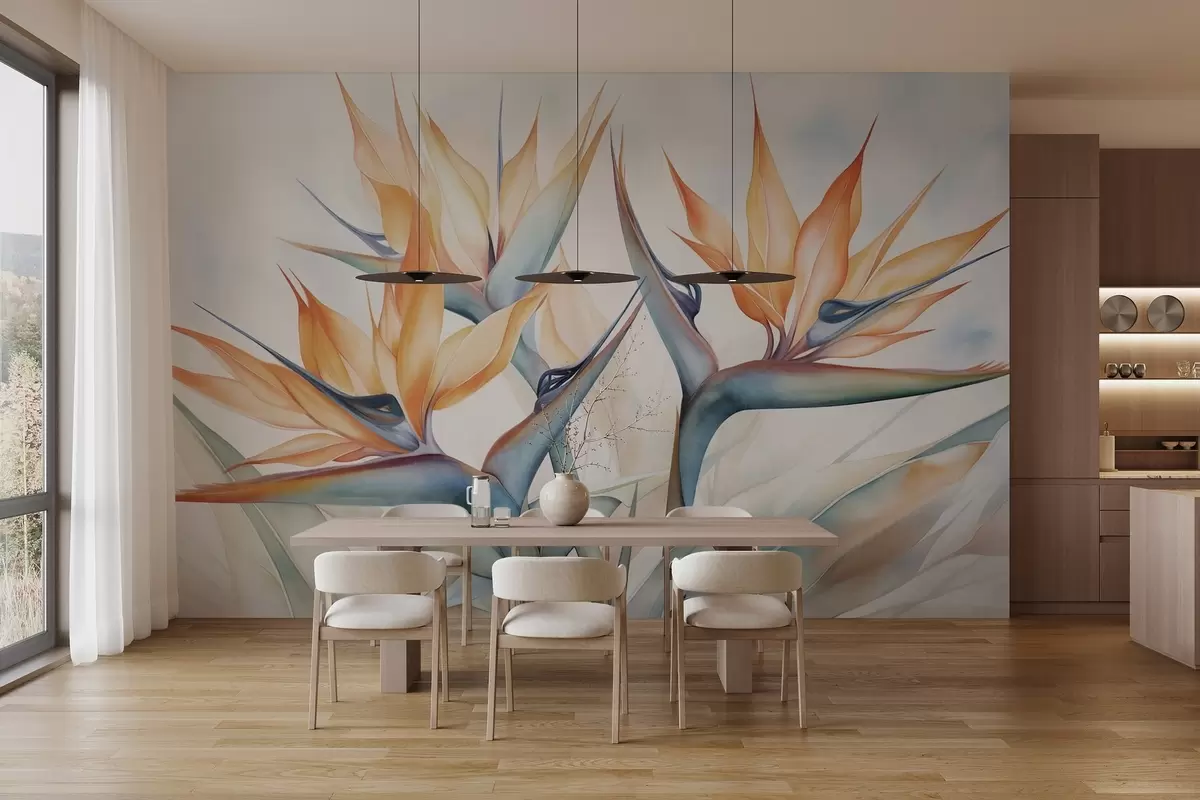 Fototapete Paradiesvogelblume, Strelitzia mit orangefarbenen Blütenblättern, weicher Aquarellstil, heller Hintergrund w09483