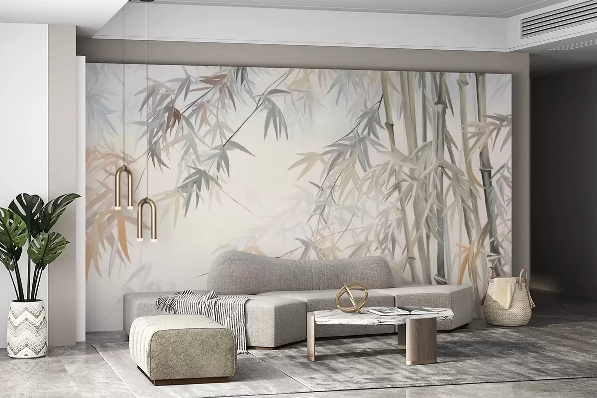 Fototapete Strukturierte Bambusstämme und Blätter in einer sanften, gedeckten Farbpalette aus Grau, Weiß und Creme, minimalistische Komposition w09485