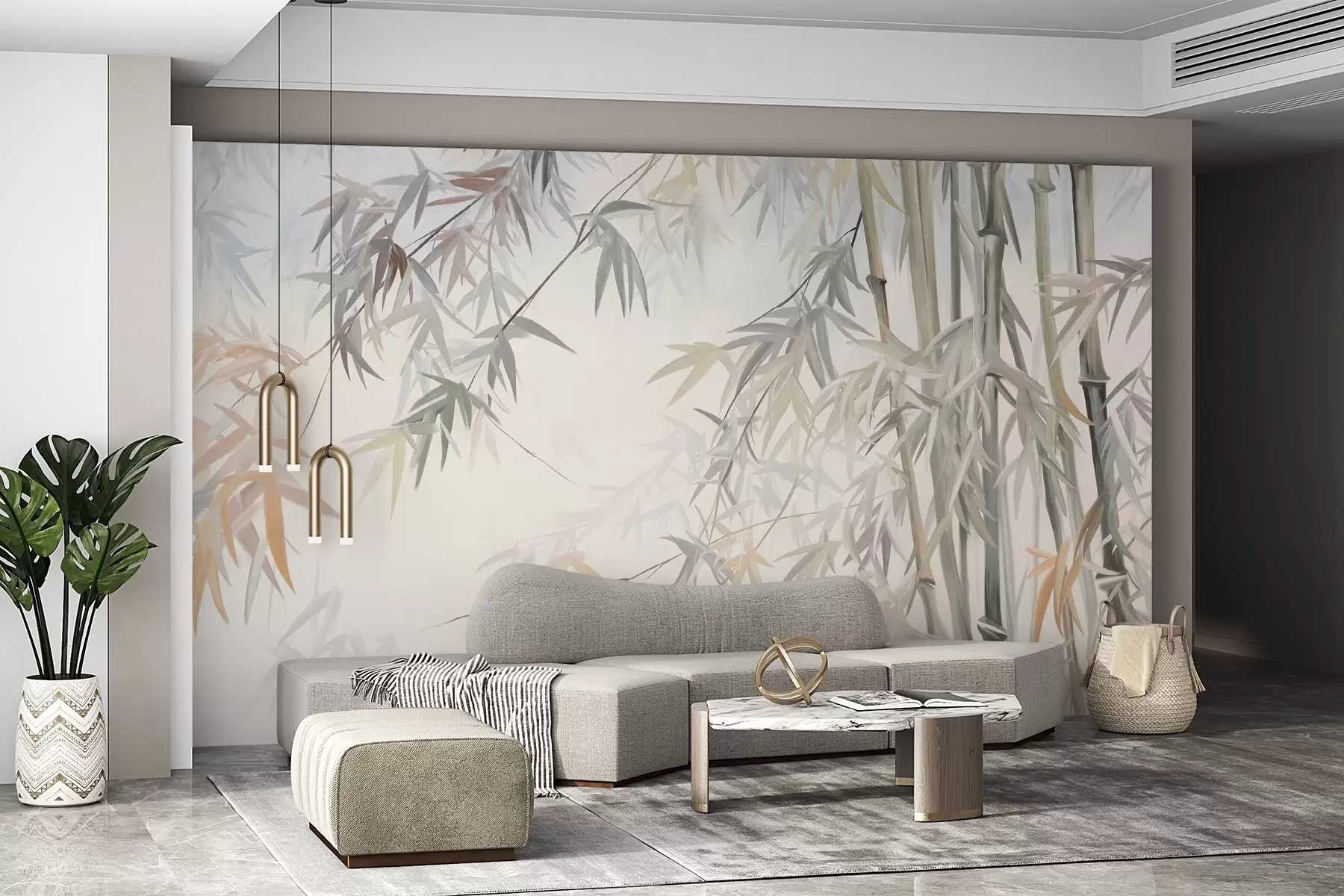 Fototapete Strukturierte Bambusstämme und Blätter in einer sanften, gedeckten Farbpalette aus Grau, Weiß und Creme, minimalistische Komposition w09485