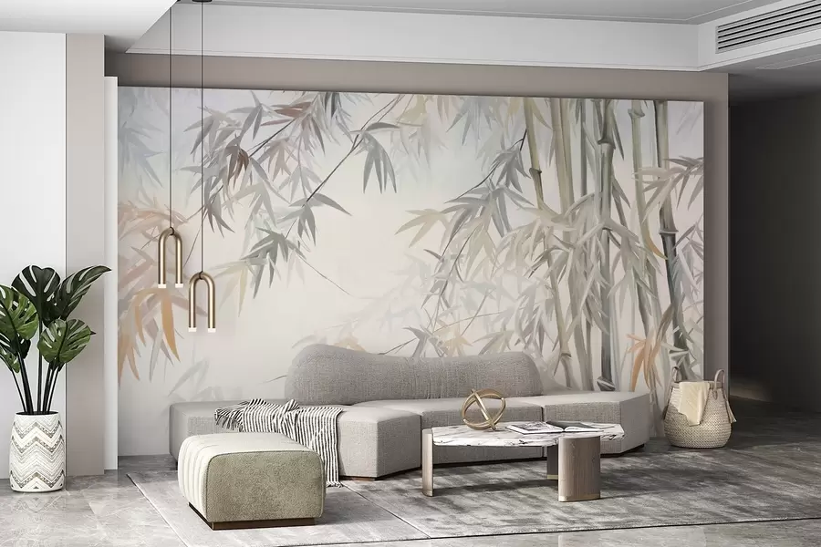 Fototapete Strukturierte Bambusstämme und Blätter in einer sanften, gedeckten Farbpalette aus Grau, Weiß und Creme, minimalistische Komposition w09485