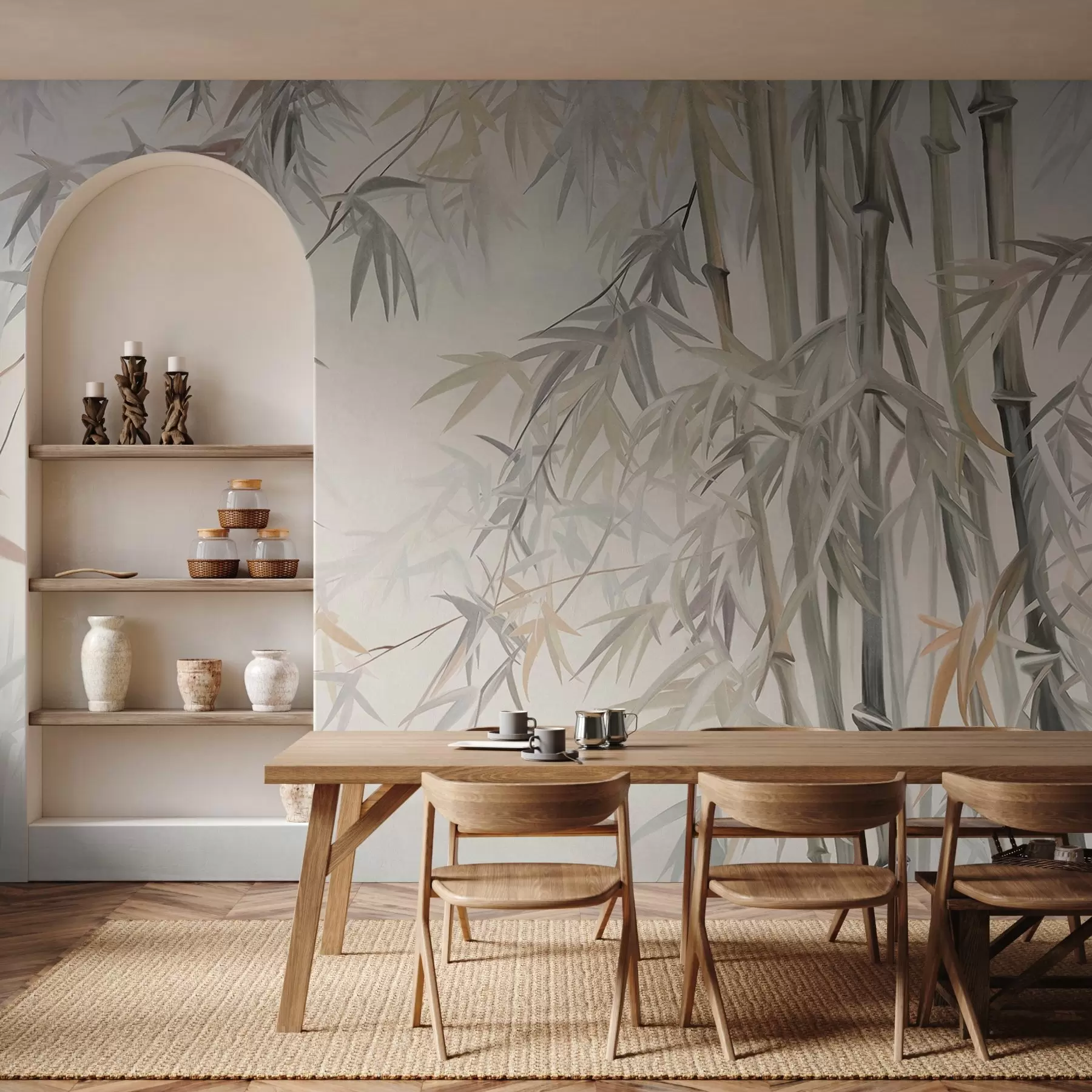 Fototapete Strukturierte Bambusstämme und Blätter in einer sanften, gedeckten Farbpalette aus Grau, Weiß und Creme, minimalistische Komposition w09485