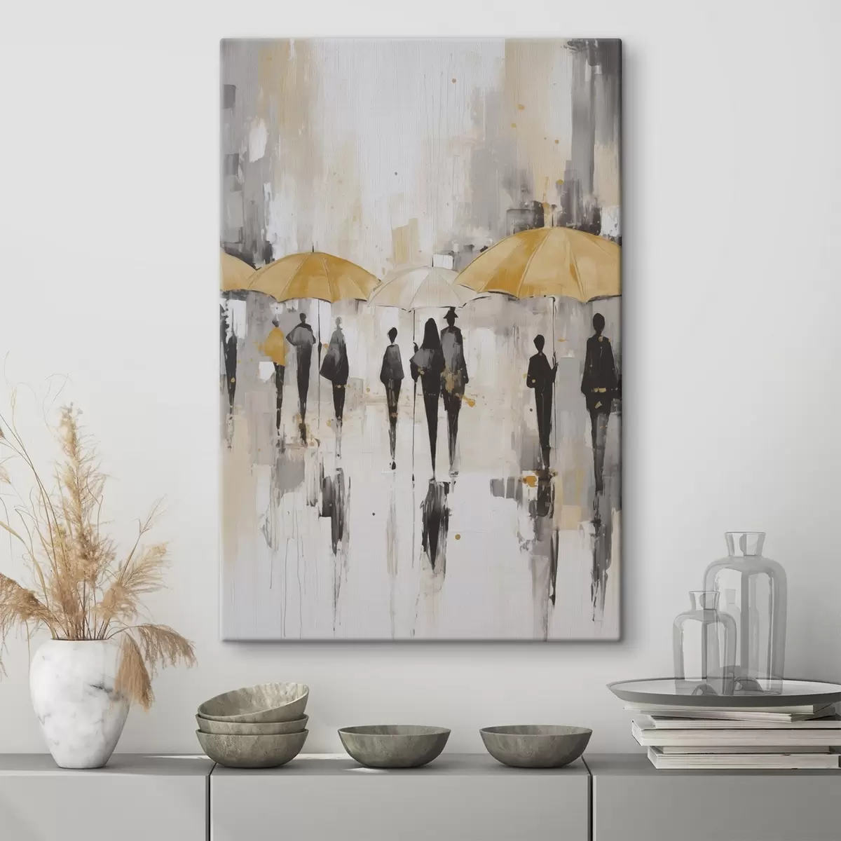 Fototapete Abstraktion von Menschen mit Regenschirmen s46304