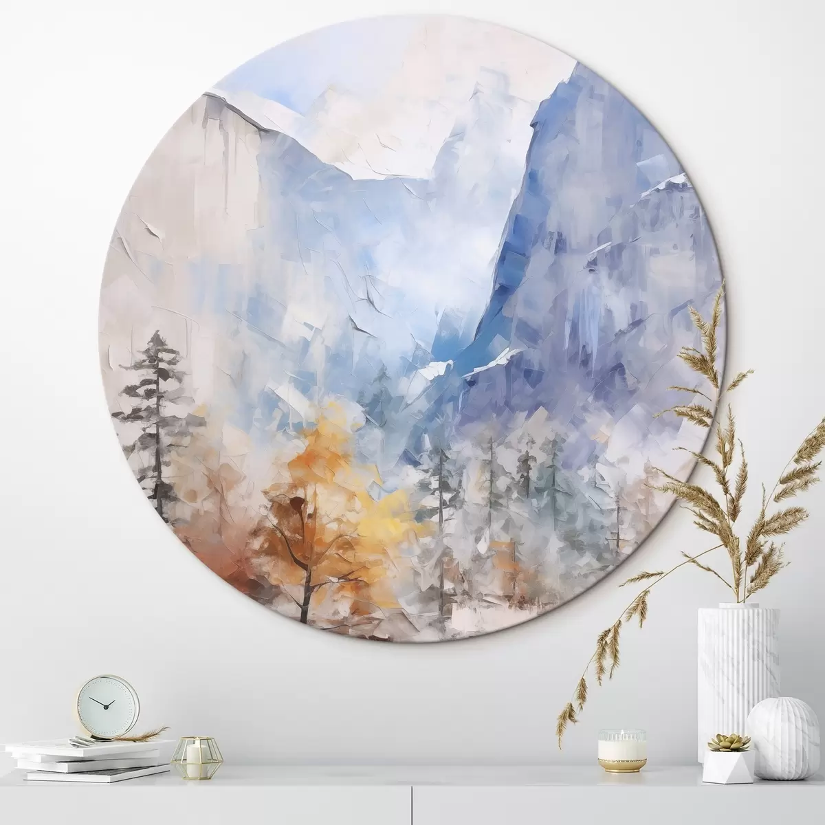 Runde Wandbilder Abstrakte Landschaft mit Wald vor Bergen r46298