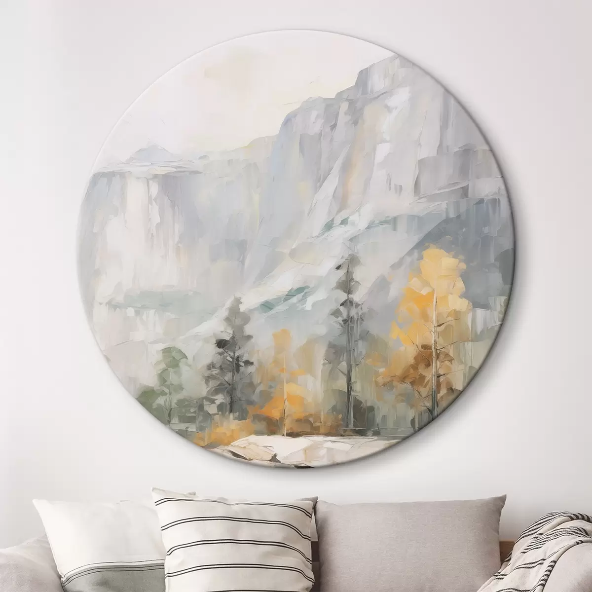 Runde Wandbilder Landschaft mit Wald vor Bergen, Gemäldeimitation r46299