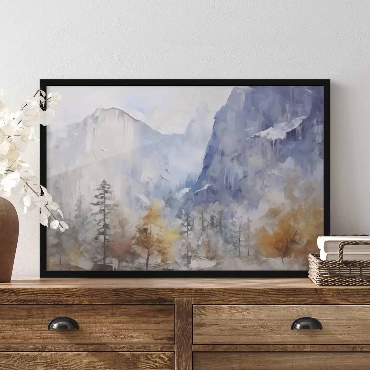 Poster Abstrakte Landschaft mit Wald vor Bergen f46298