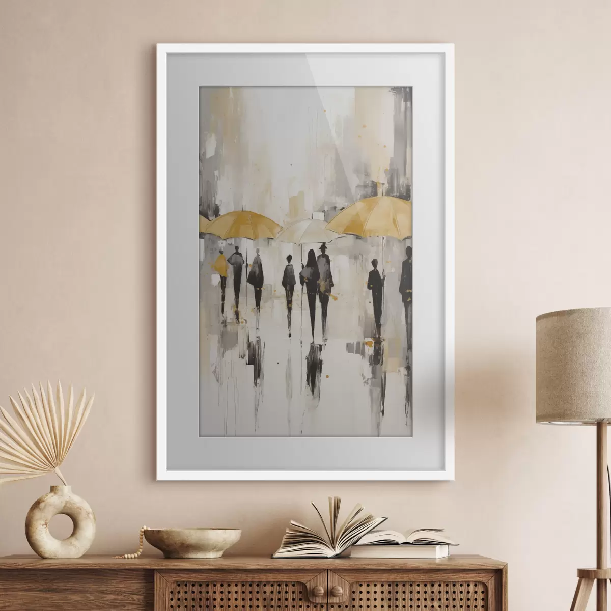 Poster Abstraktion von Menschen mit Regenschirmen f46304
