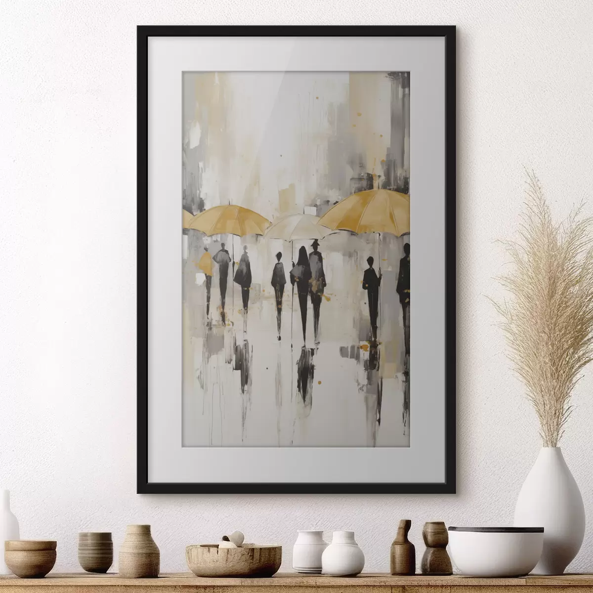 Poster Abstraktion von Menschen mit Regenschirmen f46304