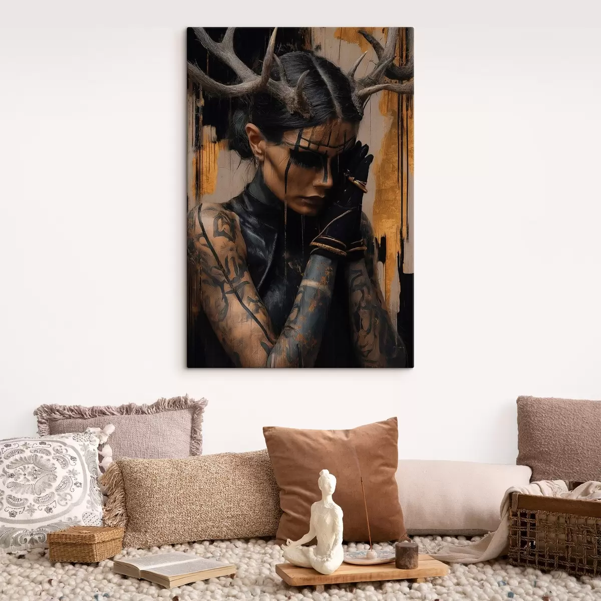 Fototapete Frau mit Hörnern in einem dunklen Look mit schwarzen Gesichtszügen s46144