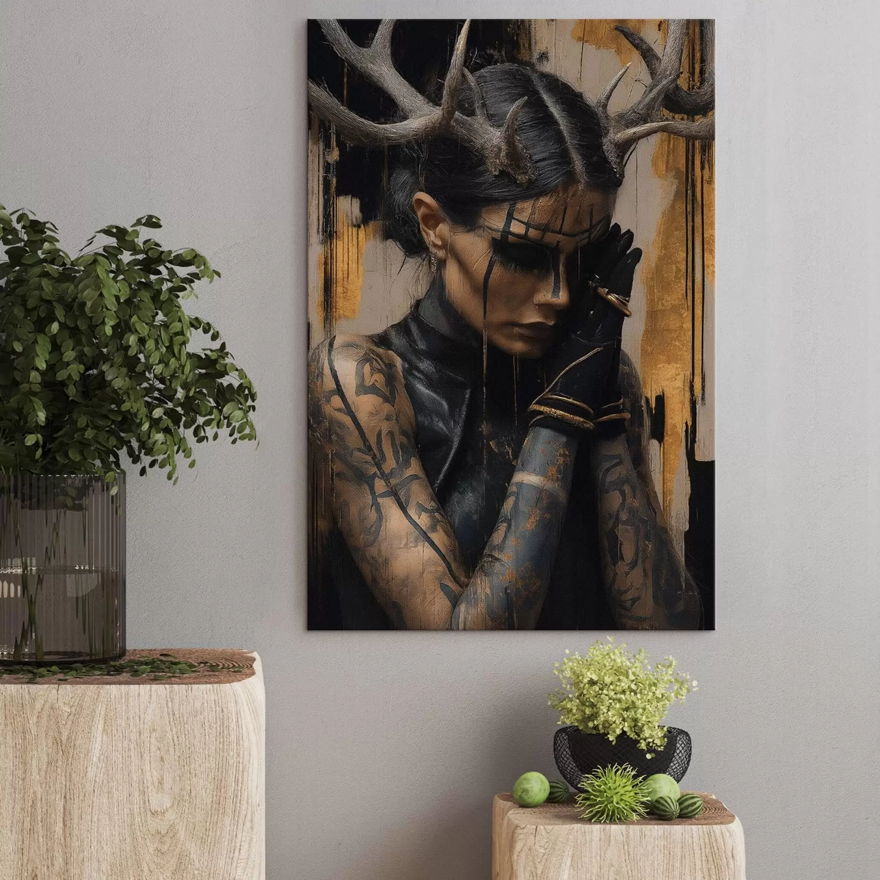 Fototapete Frau mit Hörnern in einem dunklen Look mit schwarzen Gesichtszügen s46144