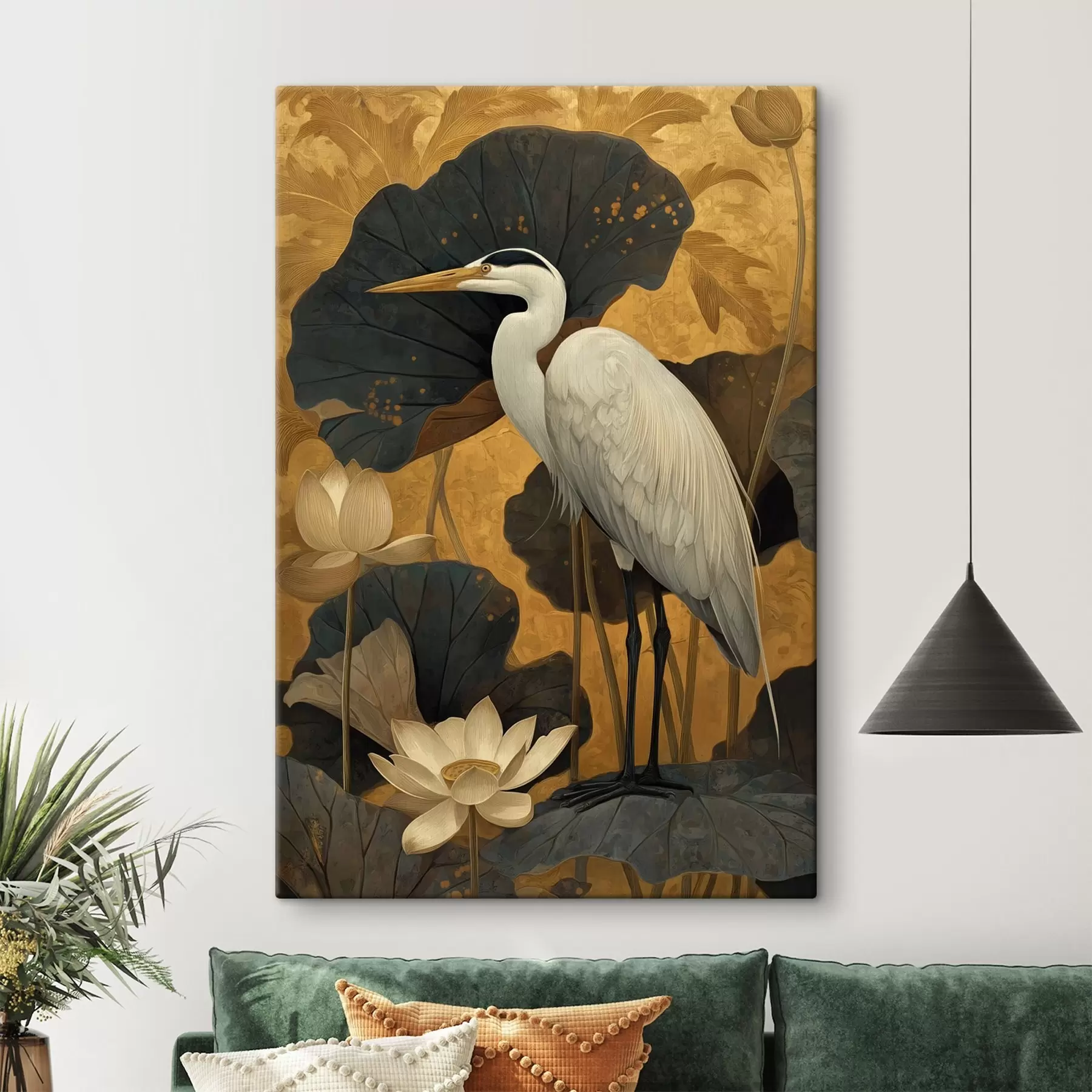 Fototapete Reiher zwischen Lotusblumen auf warmem Hintergrund s46148