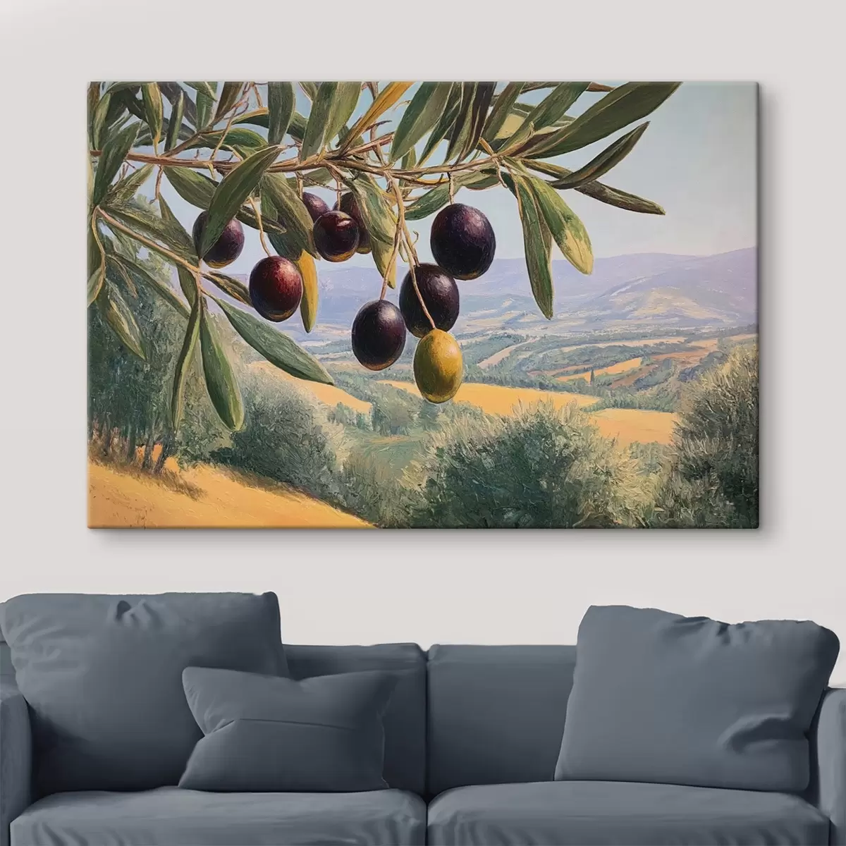 Fototapete Olivenzweig mit dunklen Früchten vor einer Sommerlandschaft s46150