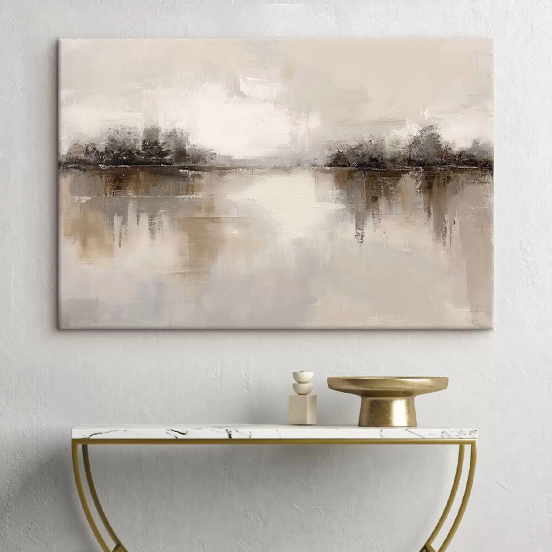 Fototapete Weiche Landschaft mit einem See in warmen Beige-Grau-Tönen s46158