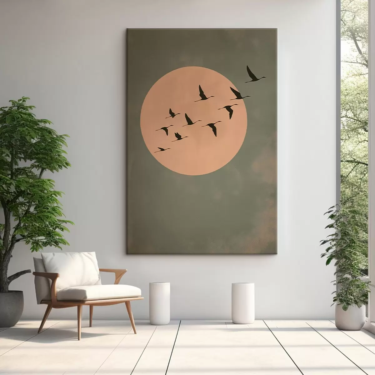 Fototapete Ein Vogelschwarm fliegt vor einem großen, warmen Mond s46162