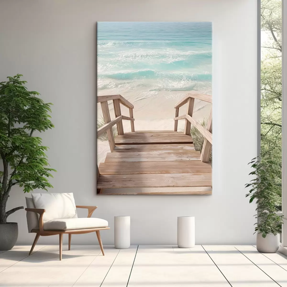 Fototapete Holztreppe, die zu einem türkisfarbenen Strand führt s46163