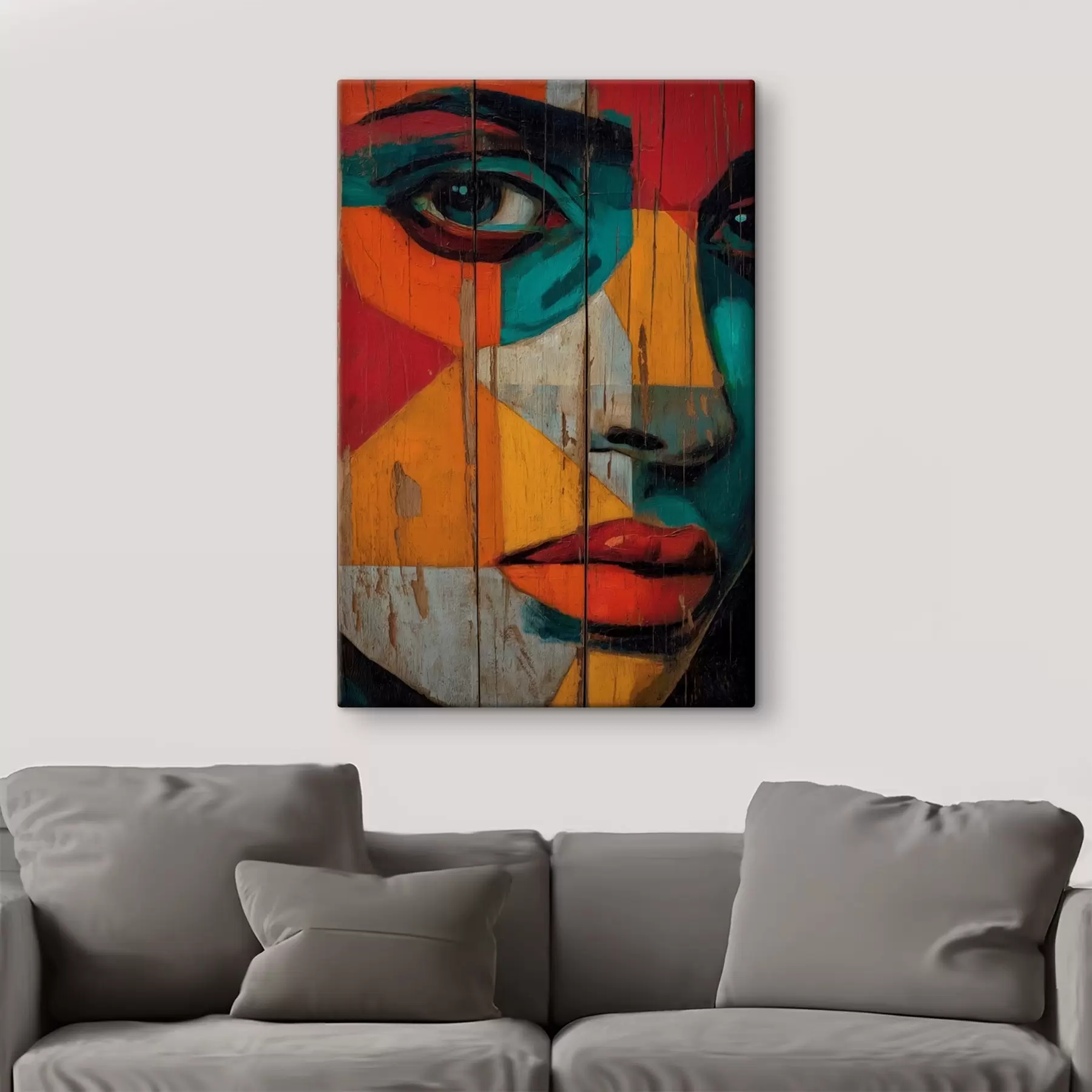 Fototapete Helles geometrisches Gesichtsporträt auf Holzbrettern s46165