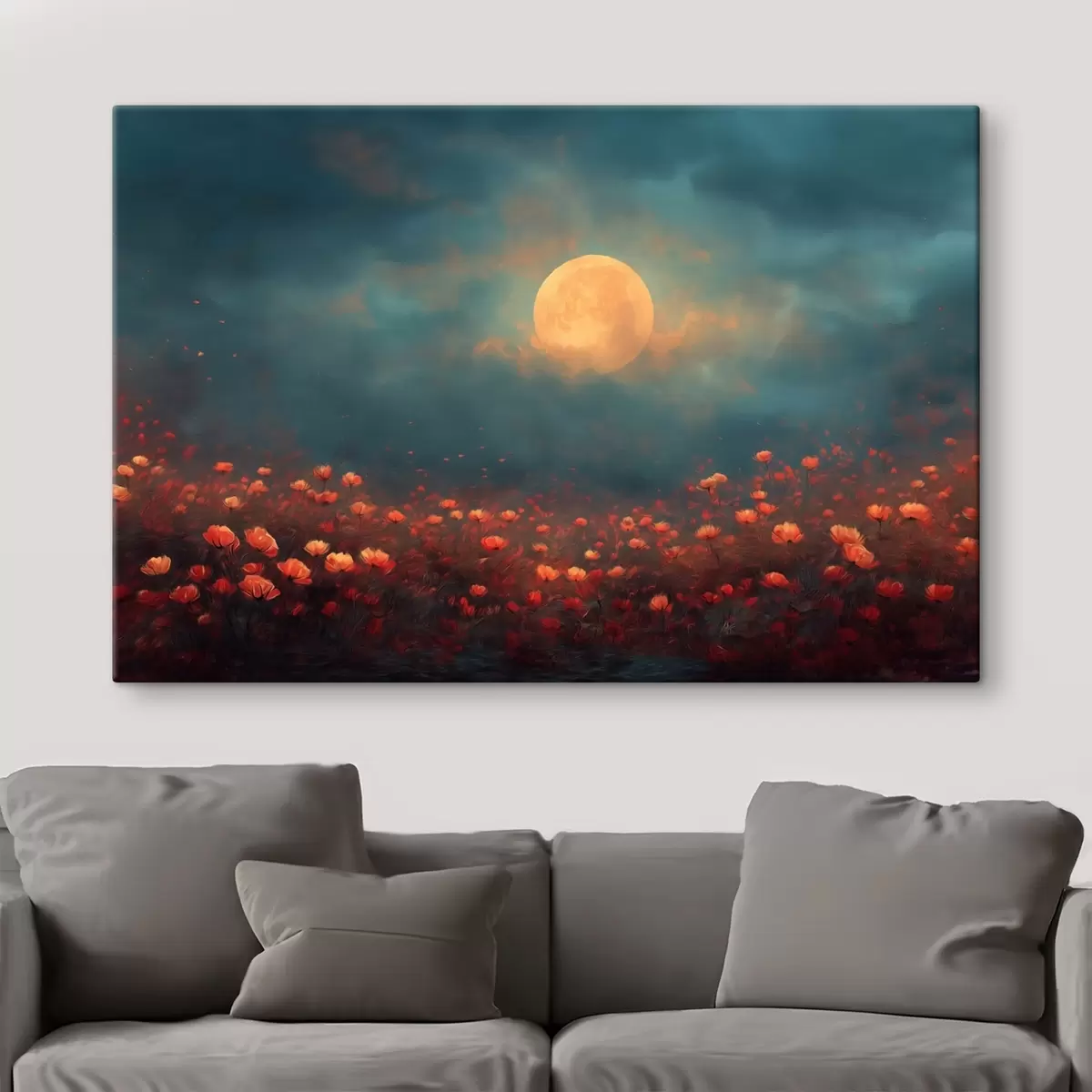 Fototapete Mond über einem Feld voller roter Blumen an einem nebligen Abendhimmel s46167