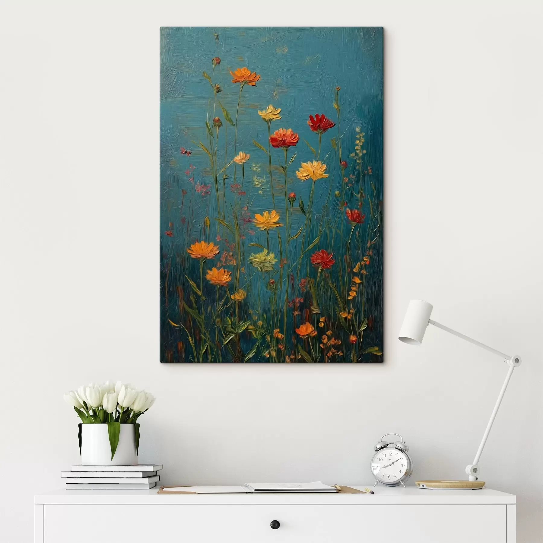 Fototapete Wildblumen auf tief türkisfarbenem Hintergrund s46169