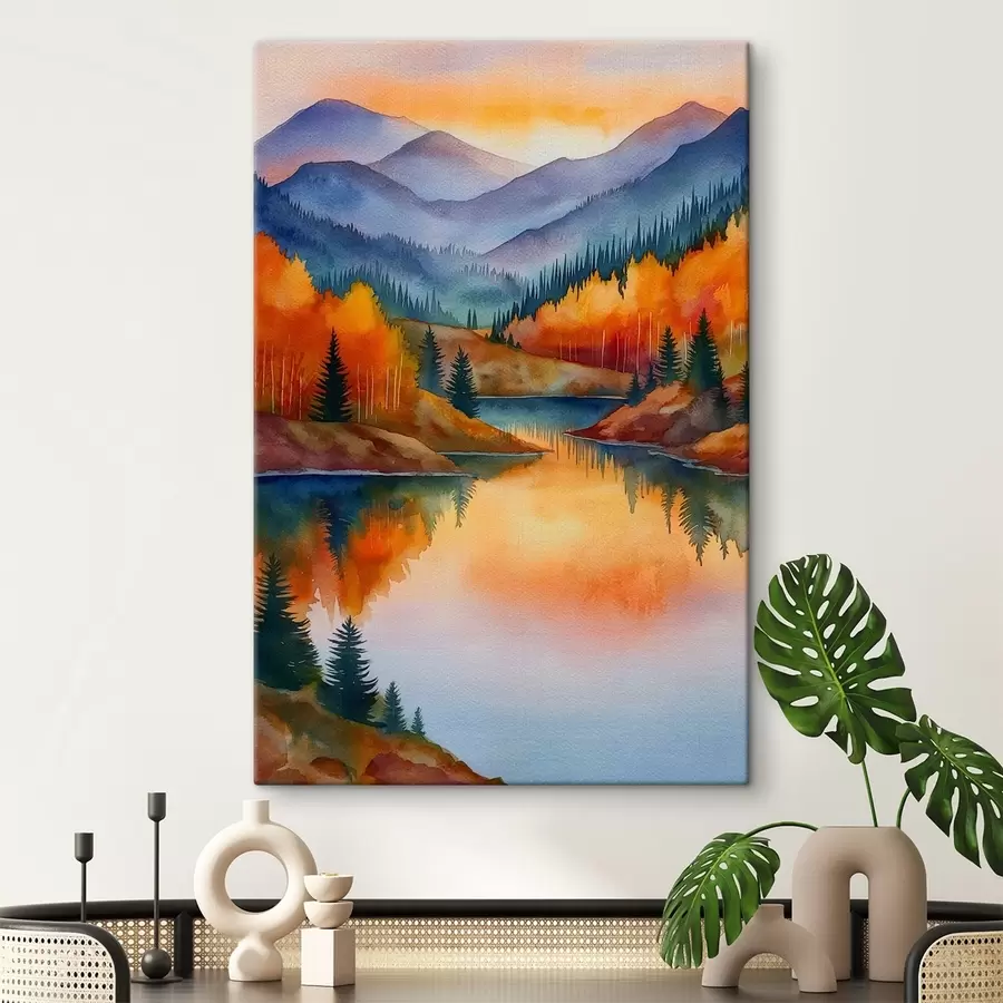 Fototapete Herbstlandschaft mit Bergen, die sich in einem ruhigen See spiegeln s46174