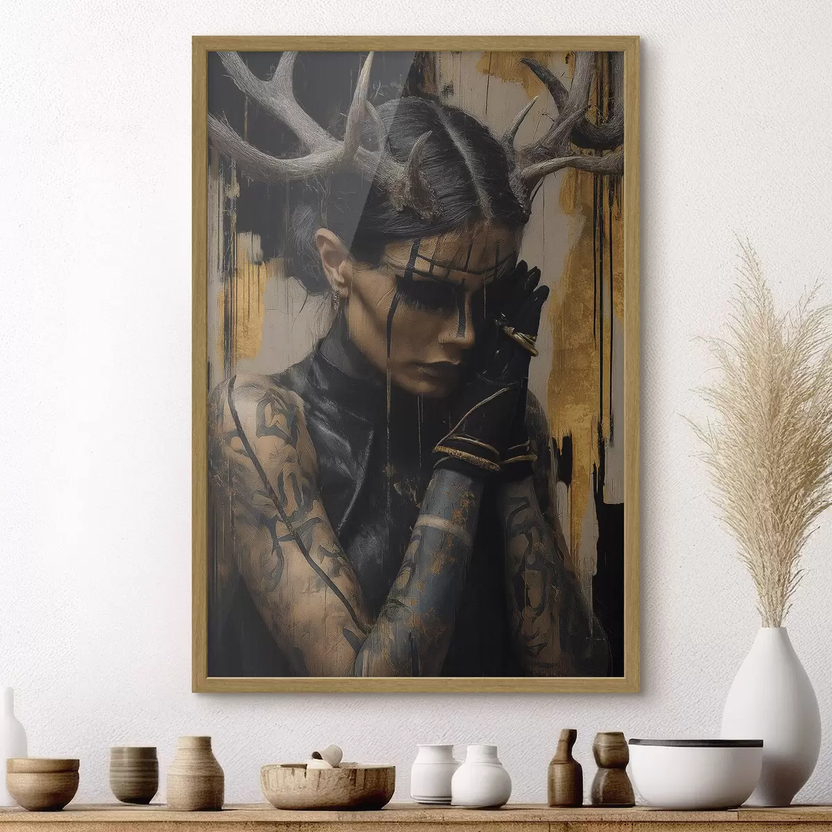 Poster Frau mit Hörnern in einem dunklen Look mit schwarzen Gesichtszügen f46144