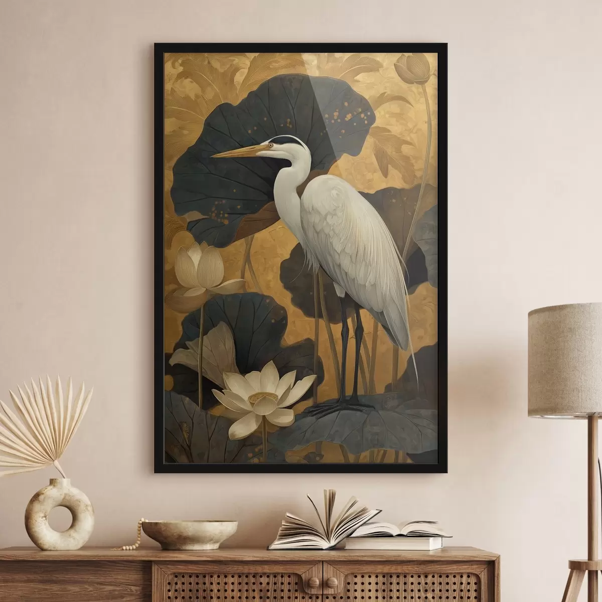 Poster Reiher zwischen Lotusblumen auf warmem Hintergrund f46148