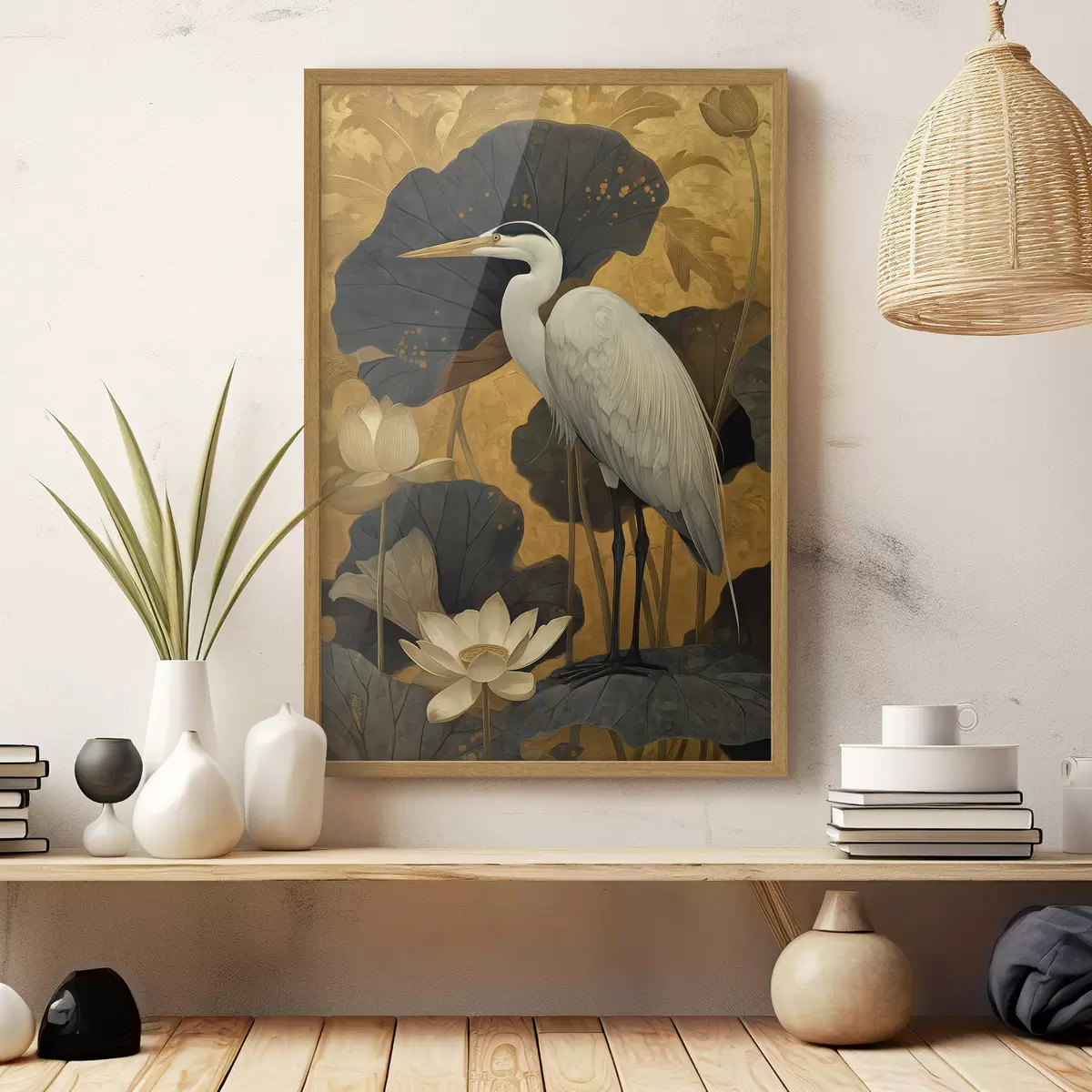 Poster Reiher zwischen Lotusblumen auf warmem Hintergrund f46148