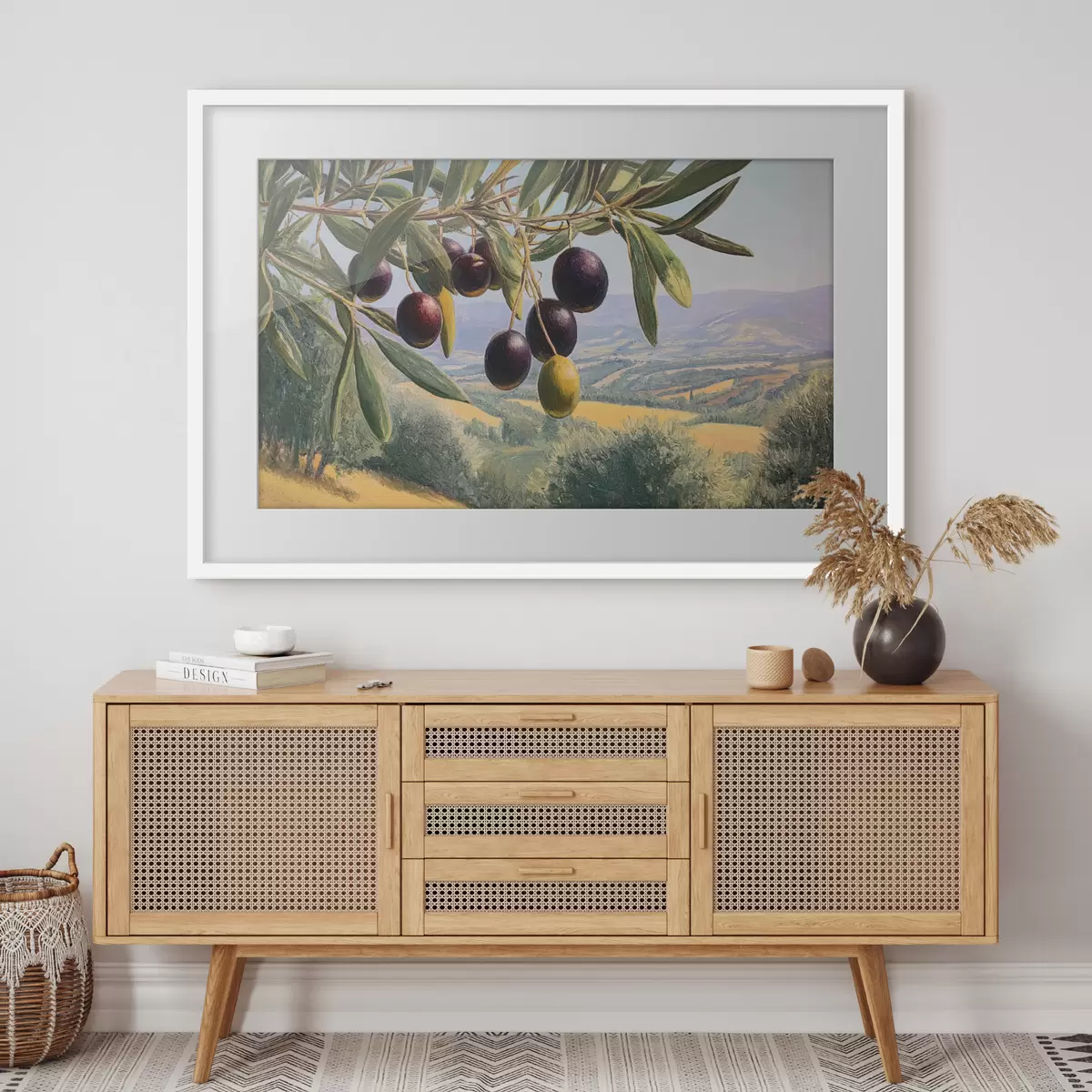 Poster Olivenzweig mit dunklen Früchten vor einer Sommerlandschaft f46150