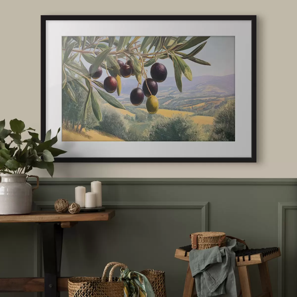 Poster Olivenzweig mit dunklen Früchten vor einer Sommerlandschaft f46150