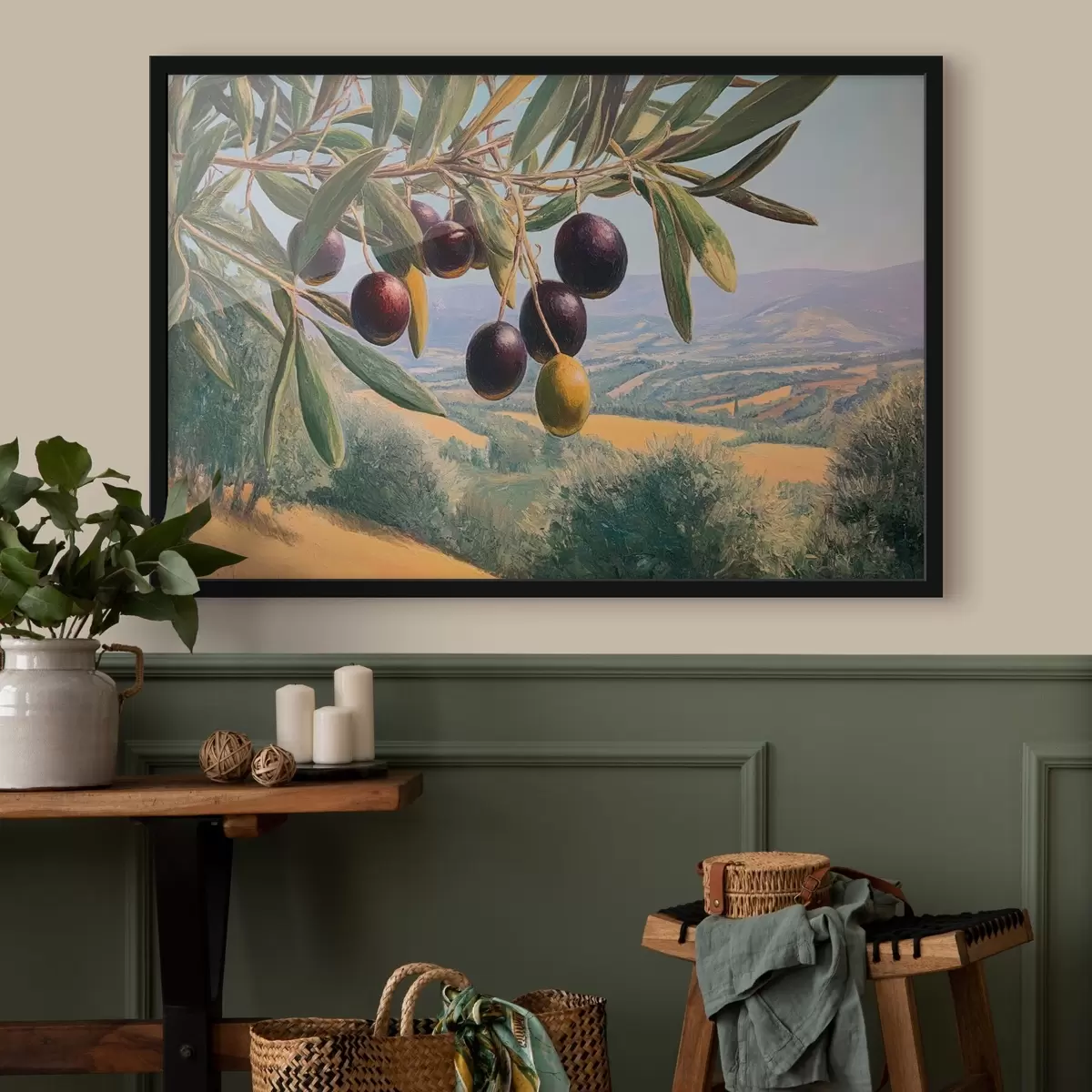 Poster Olivenzweig mit dunklen Früchten vor einer Sommerlandschaft f46150