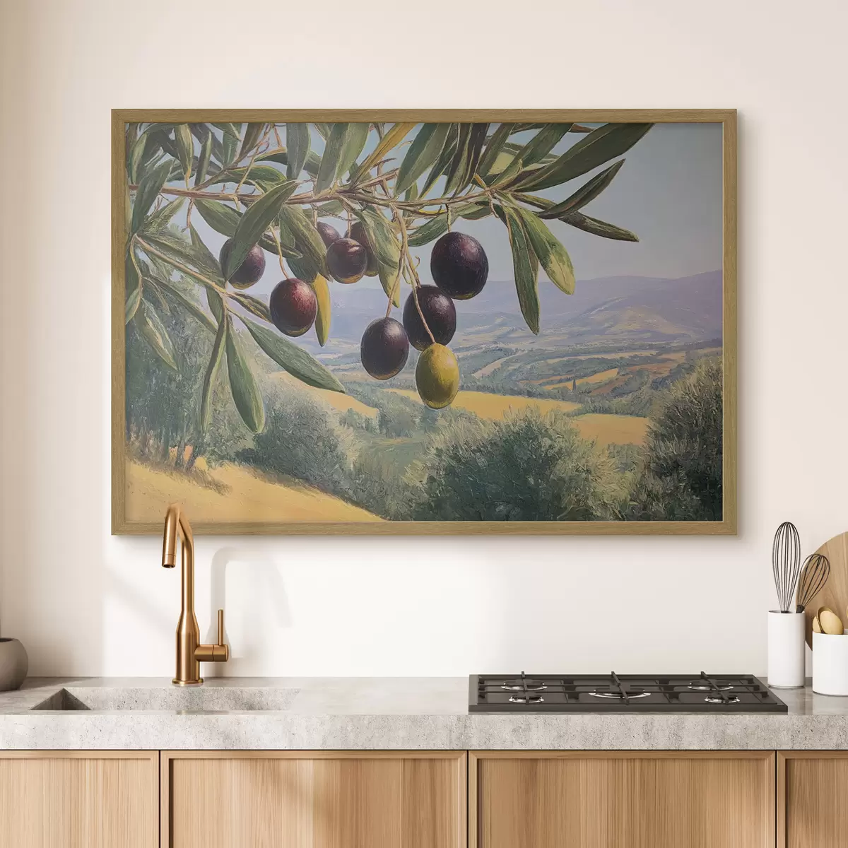 Poster Olivenzweig mit dunklen Früchten vor einer Sommerlandschaft f46150