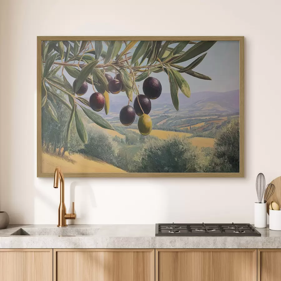 Fototapete Olivenzweig mit dunklen Früchten vor einer Sommerlandschaft f46150