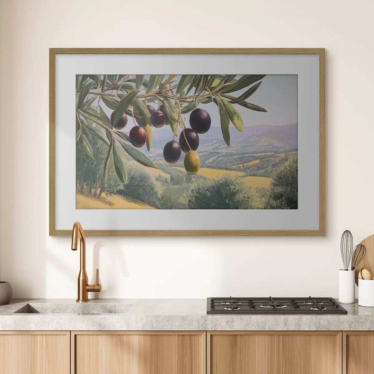Poster Olivenzweig mit dunklen Früchten vor einer Sommerlandschaft f46150