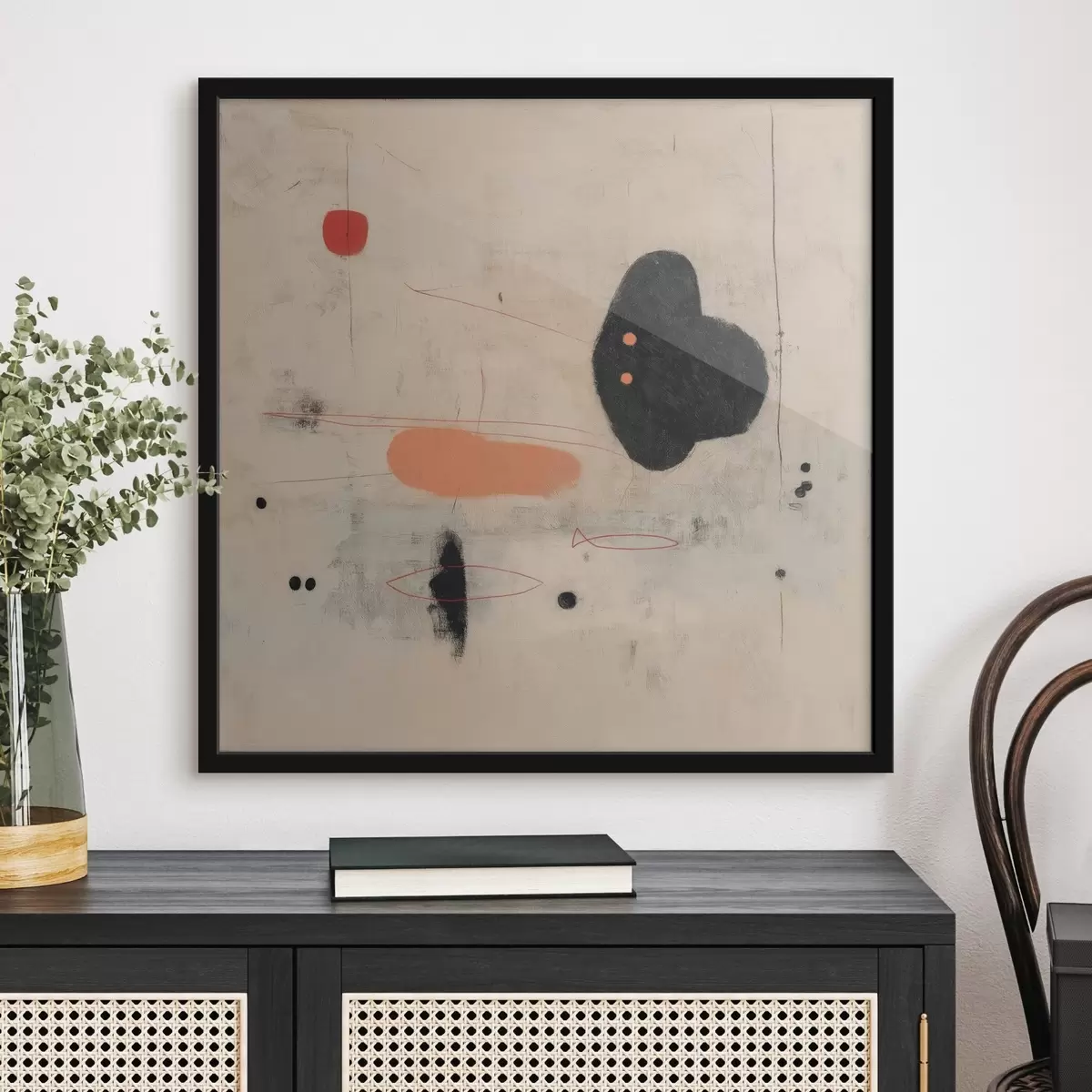 Poster Minimalistische abstrakte Zeichnung mit schwarzen und korallenfarbenen Akzenten f46159