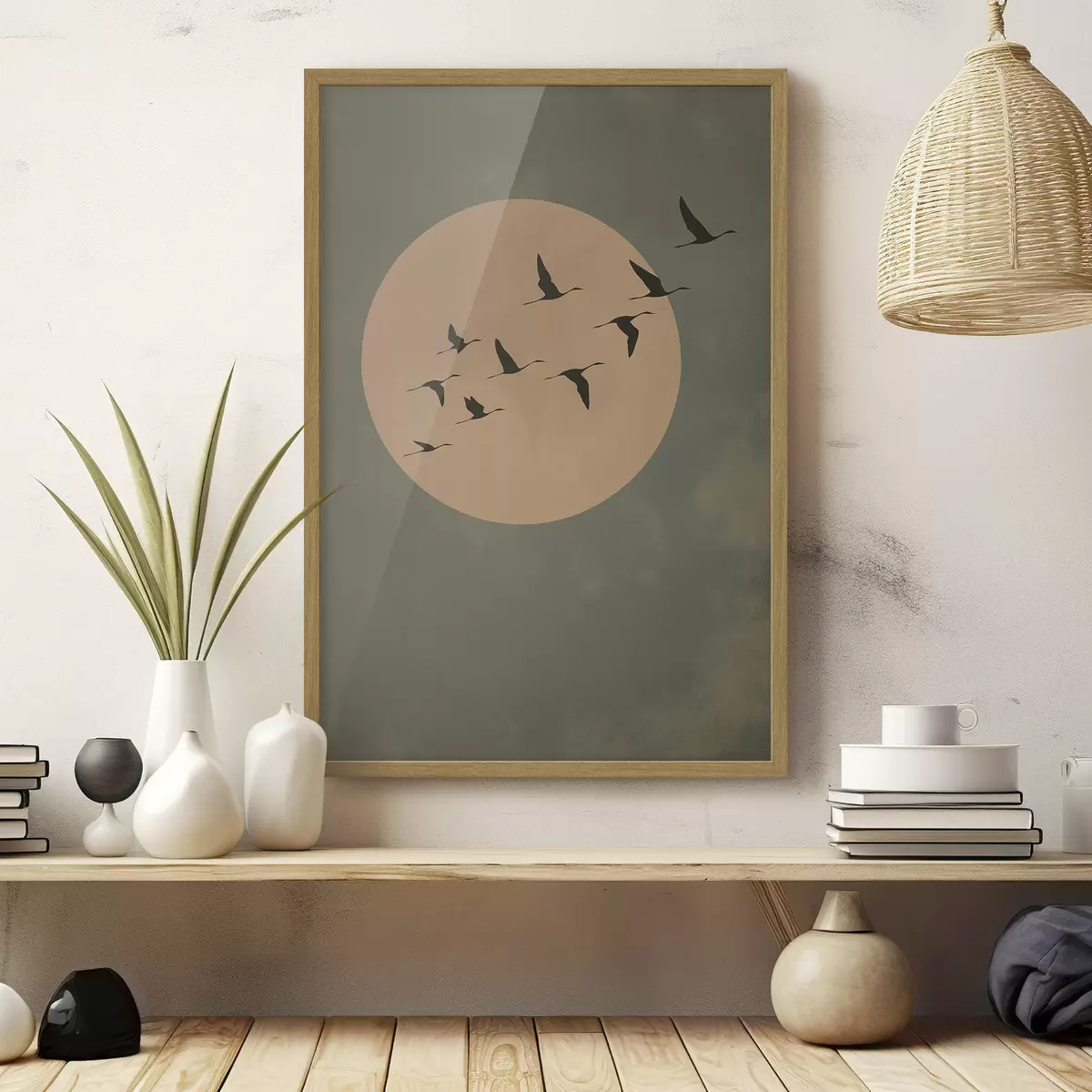 Poster Ein Vogelschwarm fliegt vor einem großen, warmen Mond f46162