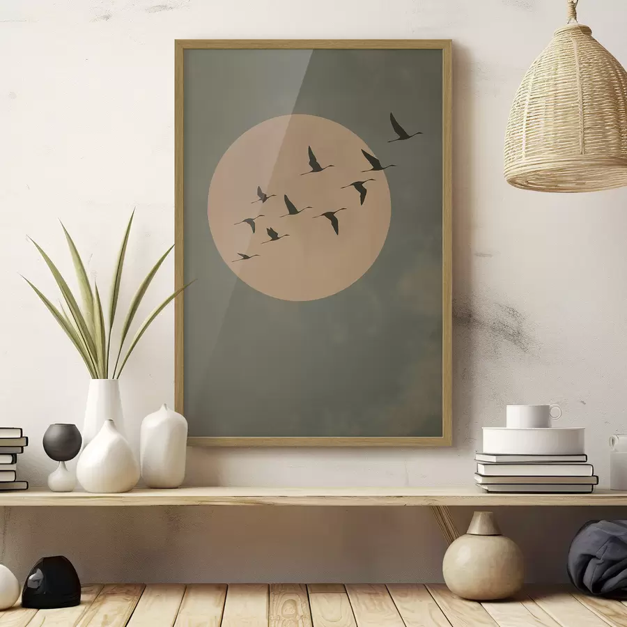 Fototapete Ein Vogelschwarm fliegt vor einem großen, warmen Mond f46162
