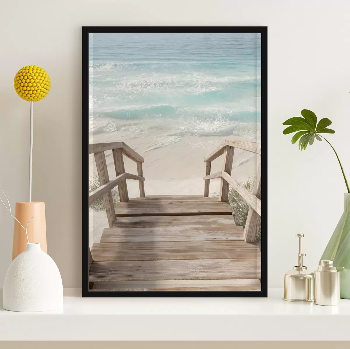 Poster Holztreppe, die zu einem türkisfarbenen Strand führt f46163