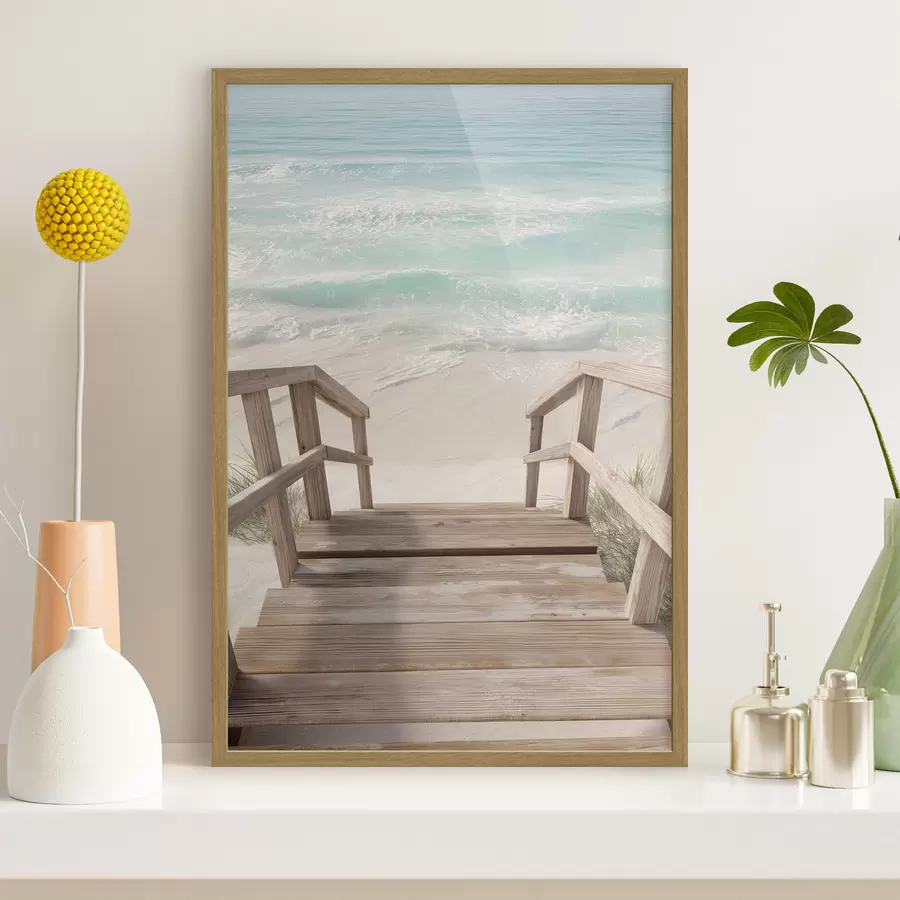 Fototapete Holztreppe, die zu einem türkisfarbenen Strand führt f46163