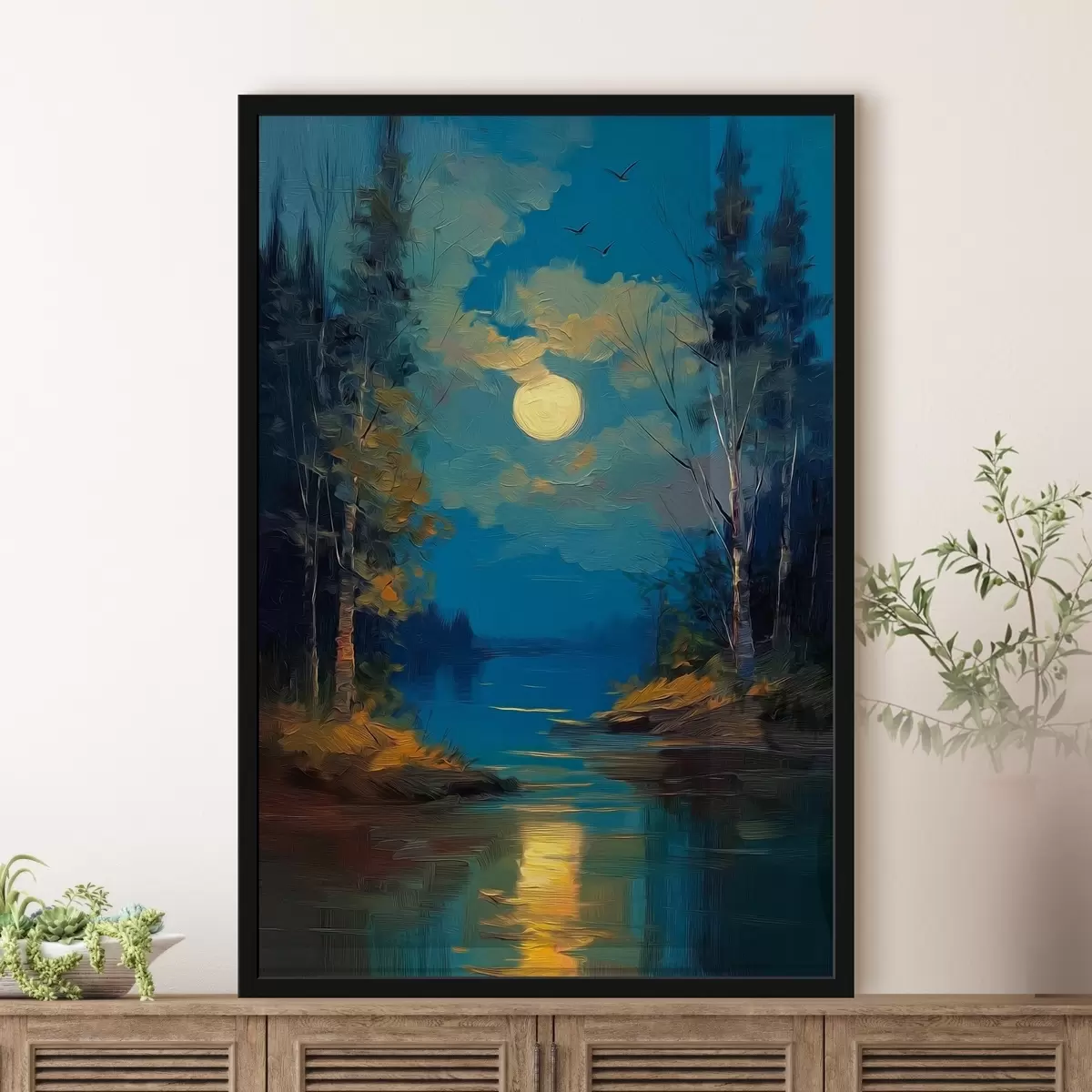 Poster Mondlicht über einem ruhigen Fluss zwischen Kiefern f46164