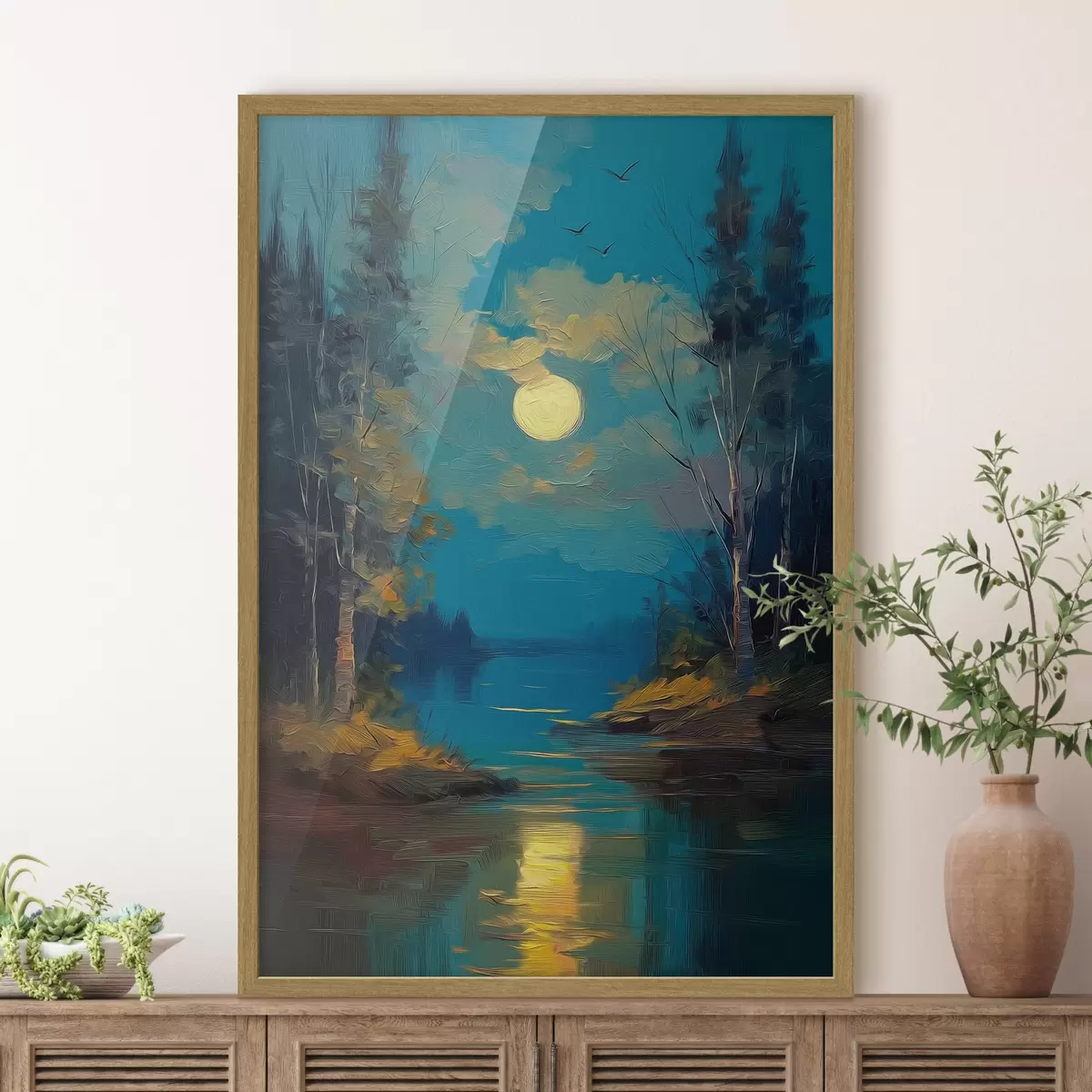 Poster Mondlicht über einem ruhigen Fluss zwischen Kiefern f46164