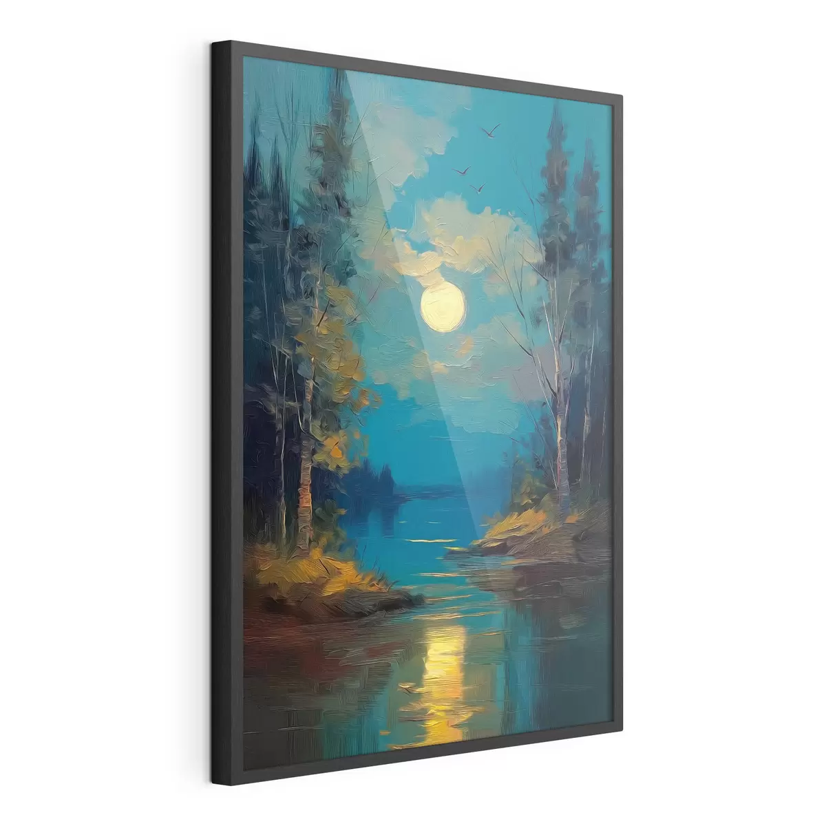 Poster Mondlicht über einem ruhigen Fluss zwischen Kiefern f46164