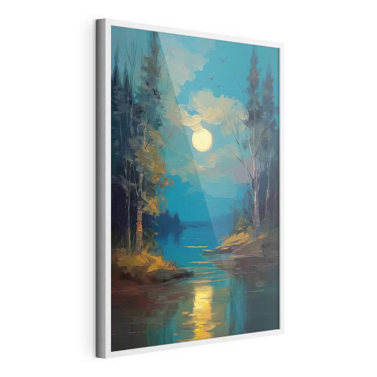 Poster Mondlicht über einem ruhigen Fluss zwischen Kiefern f46164