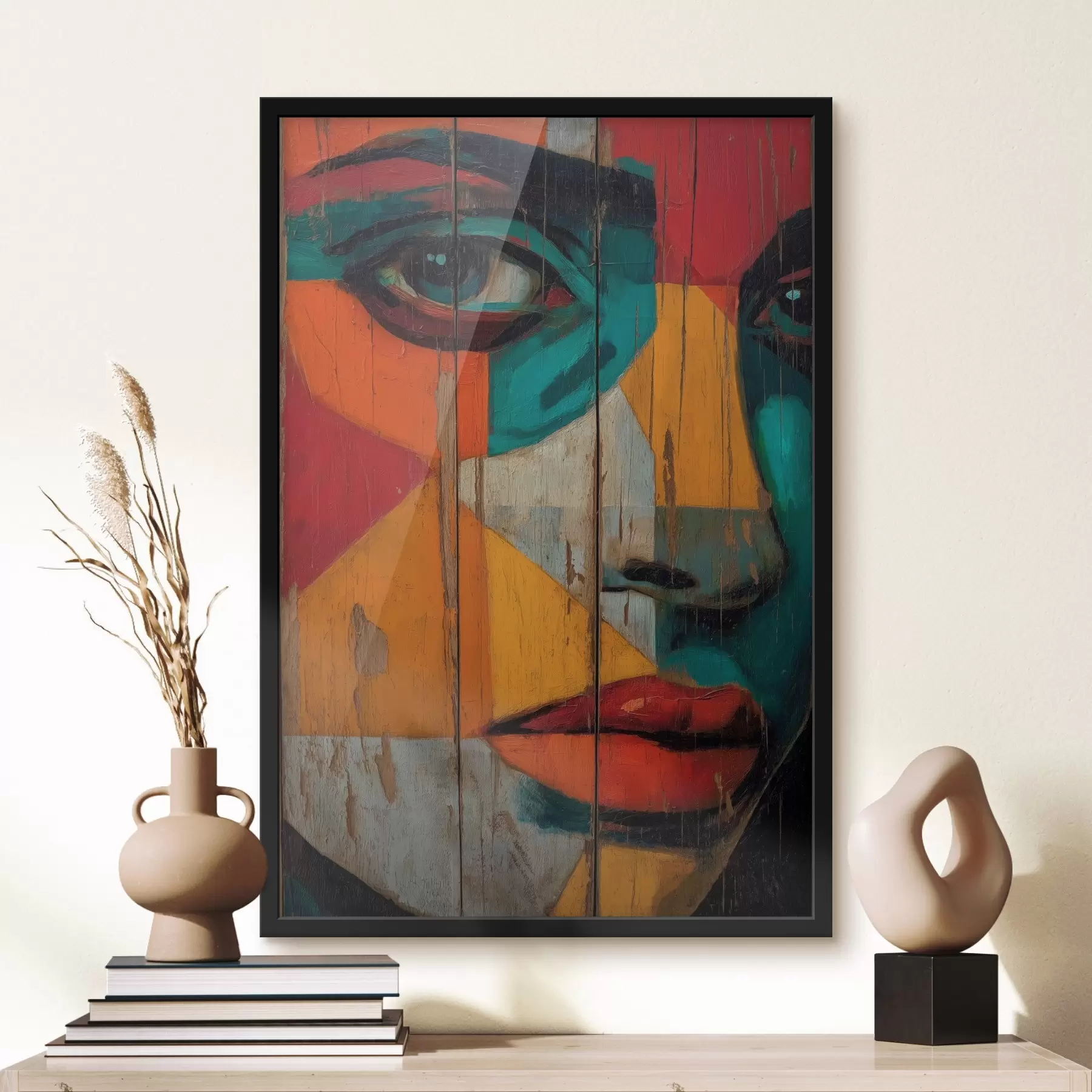 Fototapete Helles geometrisches Gesichtsporträt auf Holzbrettern f46165