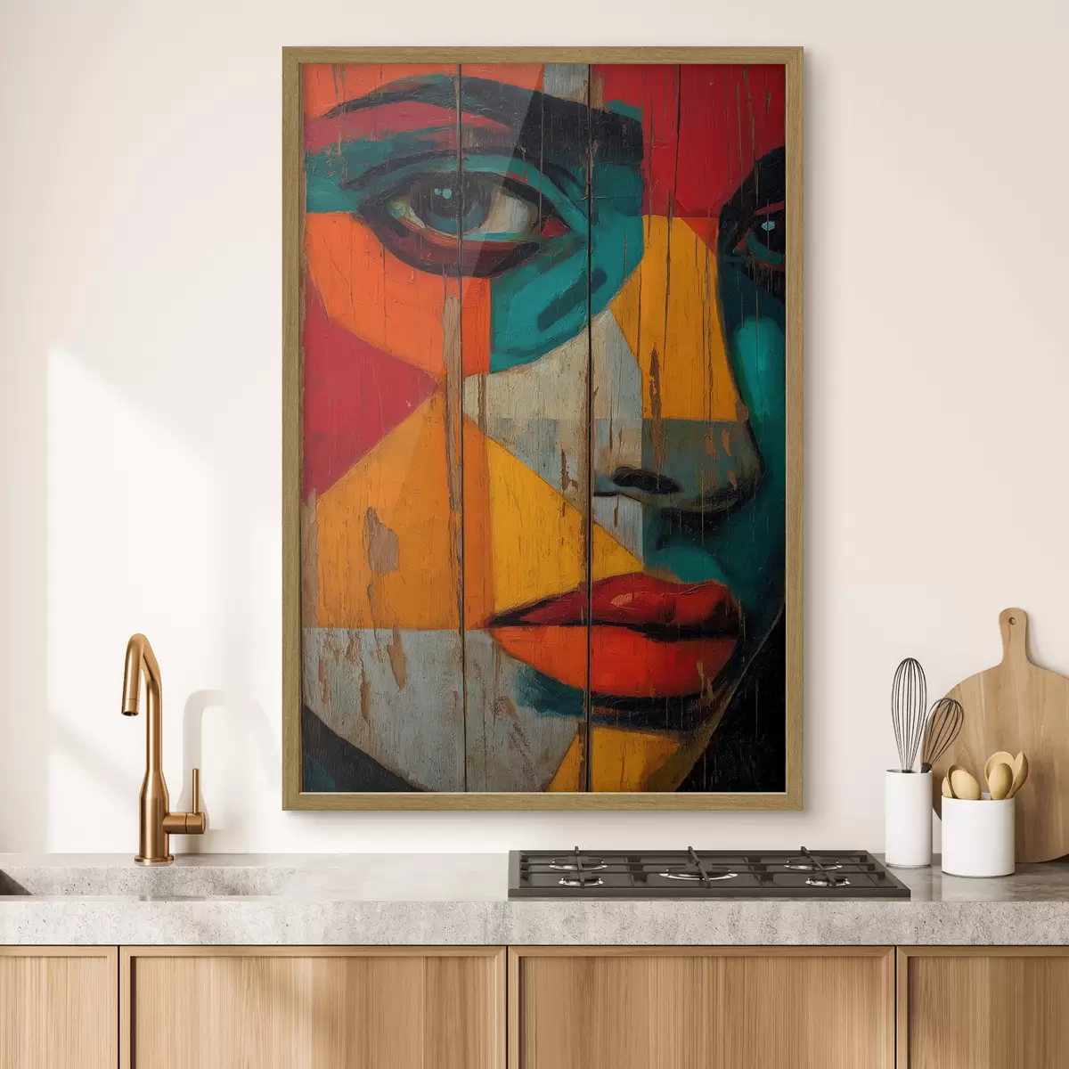 Poster Helles geometrisches Gesichtsporträt auf Holzbrettern f46165