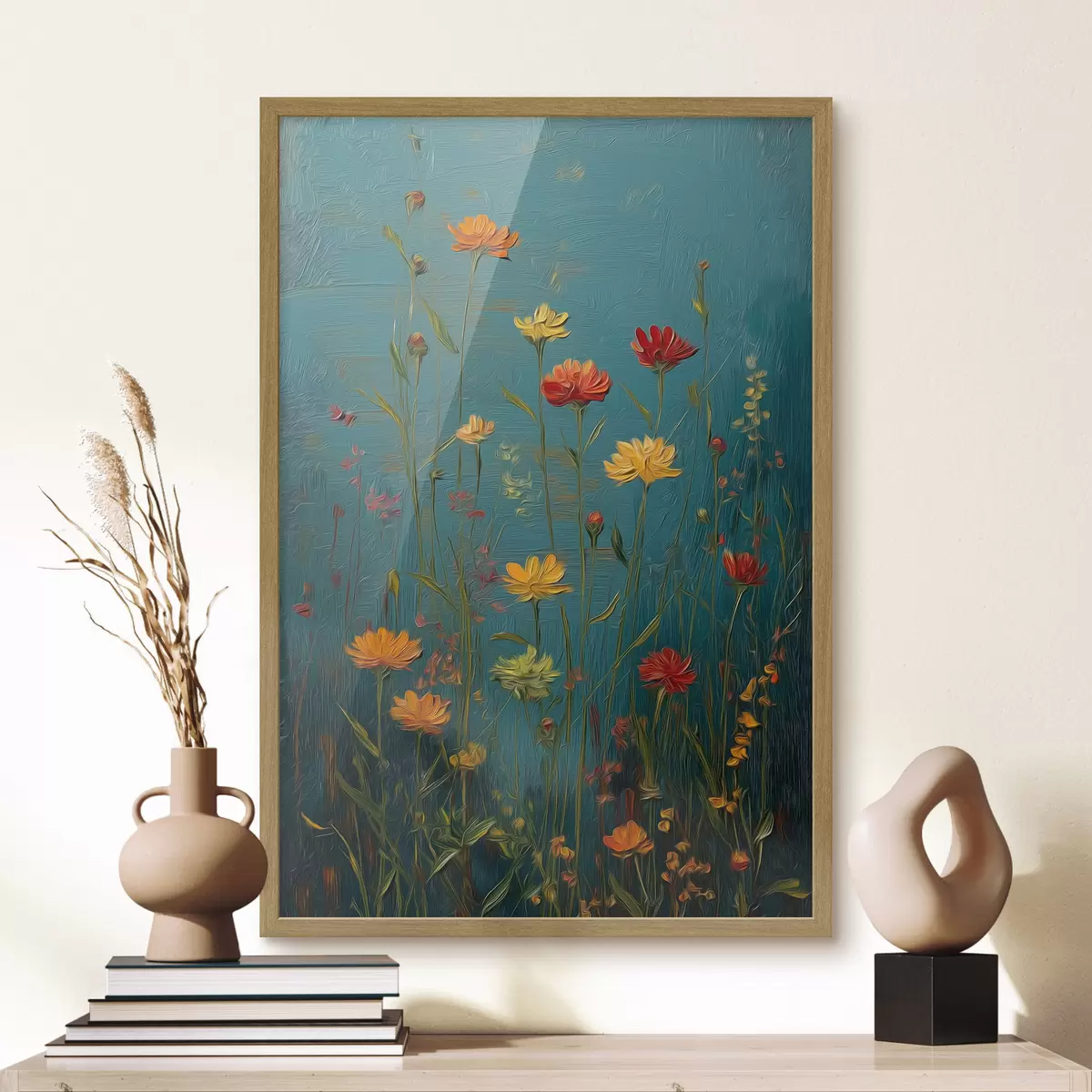 Poster Wildblumen auf tief türkisfarbenem Hintergrund f46169