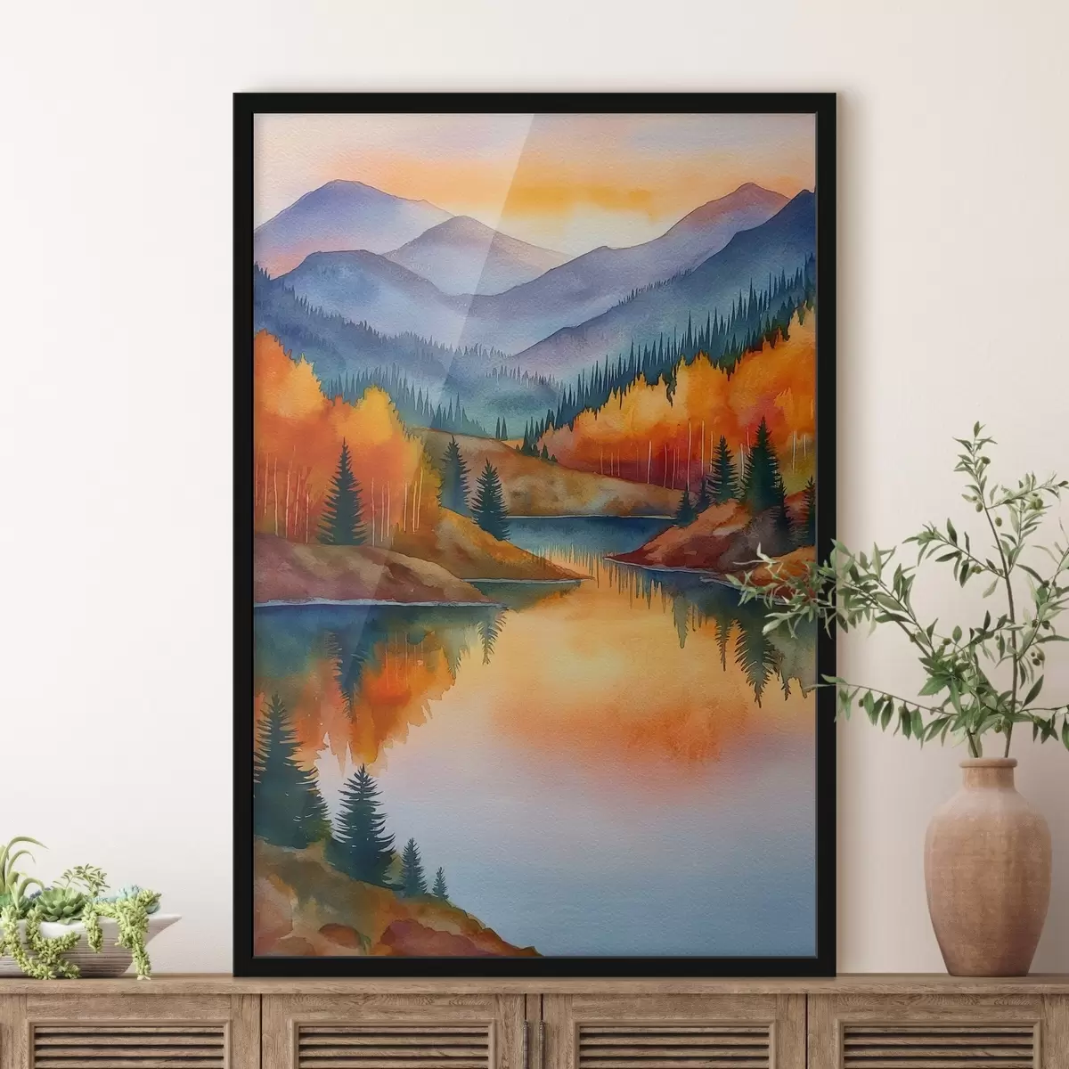 Poster Herbstlandschaft mit Bergen, die sich in einem ruhigen See spiegeln f46174