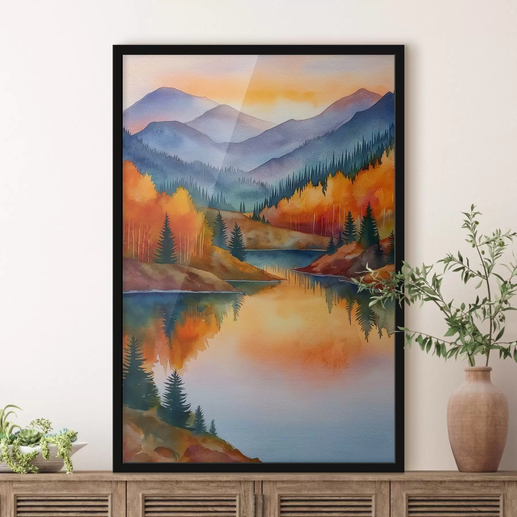 Fototapete Herbstlandschaft mit Bergen, die sich in einem ruhigen See spiegeln f46174