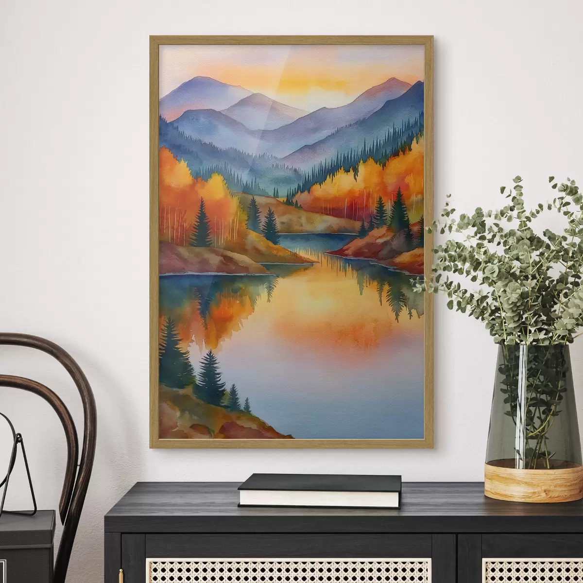 Poster Herbstlandschaft mit Bergen, die sich in einem ruhigen See spiegeln f46174