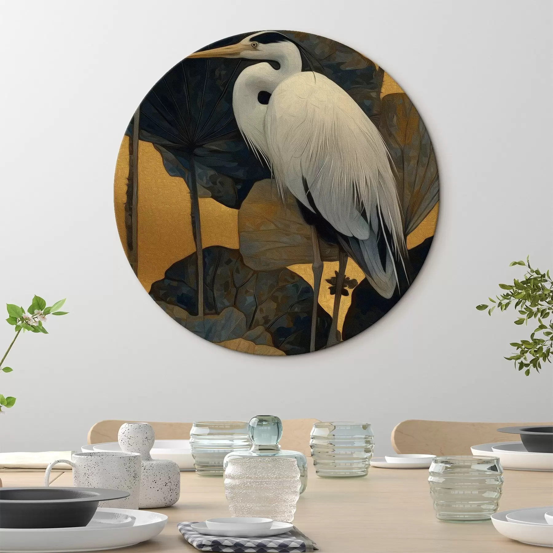 Fototapete Weißer Reiher zwischen großen Blättern auf warmem Hintergrund r46147