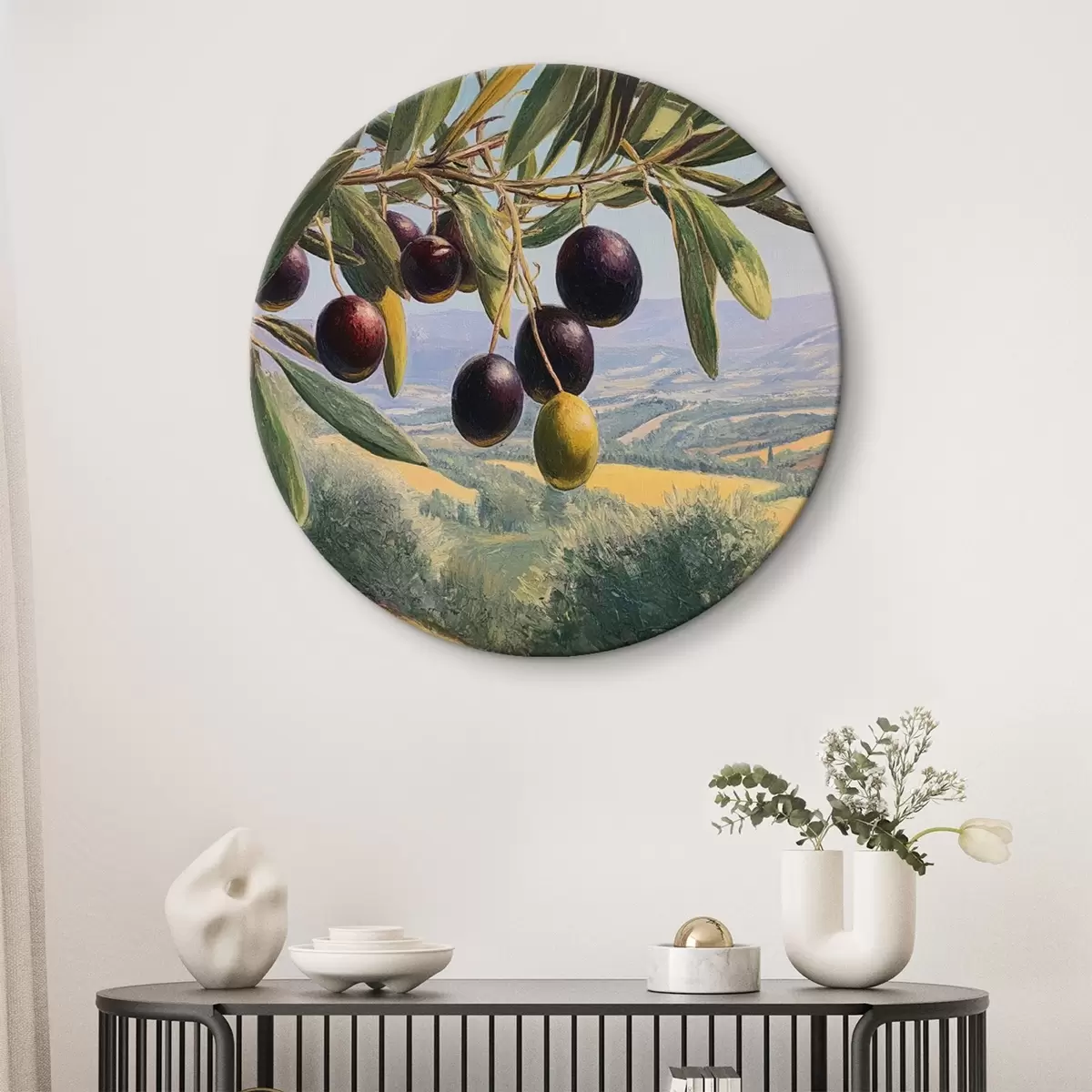 Runde Wandbilder Olivenzweig mit dunklen Früchten vor einer Sommerlandschaft r46150