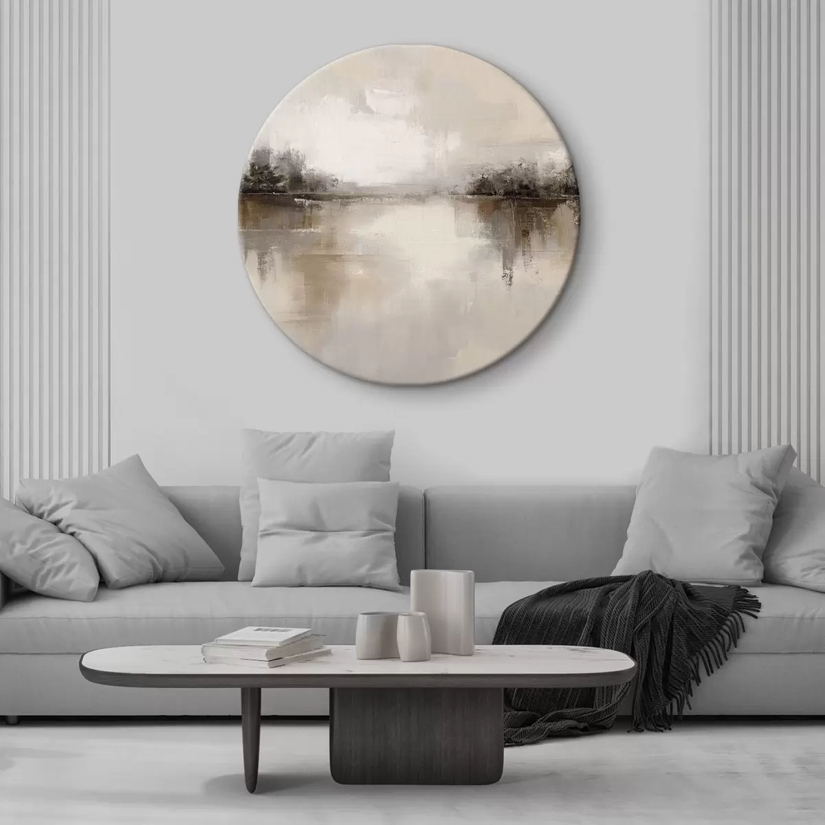 Runde Wandbilder Weiche Landschaft mit einem See in warmen Beige-Grau-Tönen r46158
