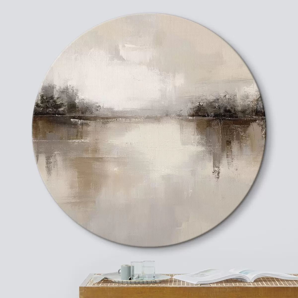 Runde Wandbilder Weiche Landschaft mit einem See in warmen Beige-Grau-Tönen r46158